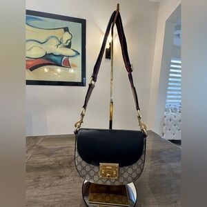 Authentic Gucci GG Supreme Padlock Shoulder/Crossbody Bag with Web Strap